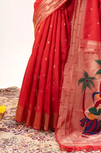 Soft khadi raw silk blend saree with meena weaving paithani pallu & triple muniya temple border  rich zari work
