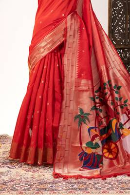 Soft khadi raw silk blend saree with meena weaving paithani pallu & triple muniya temple border  rich zari work 5