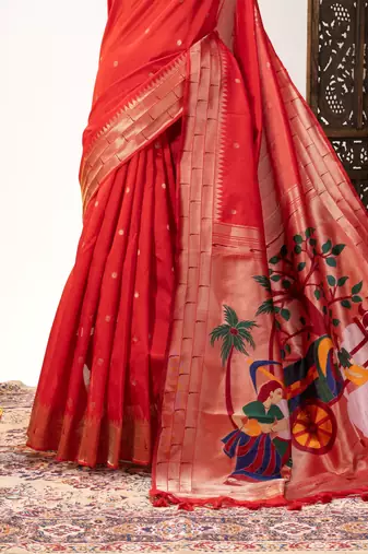 Soft khadi raw silk blend saree with meena weaving paithani pallu & triple muniya temple border  rich zari work