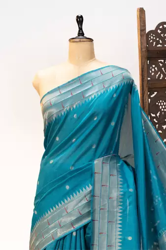 Soft khadi raw silk blend saree with meena weaving paithani pallu & triple muniya temple border  rich zari work