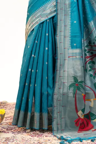 Soft khadi raw silk blend saree with meena weaving paithani pallu & triple muniya temple border  rich zari work