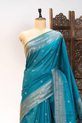 Soft khadi raw silk blend saree with meena weaving paithani pallu & triple muniya temple border rich zari work 4