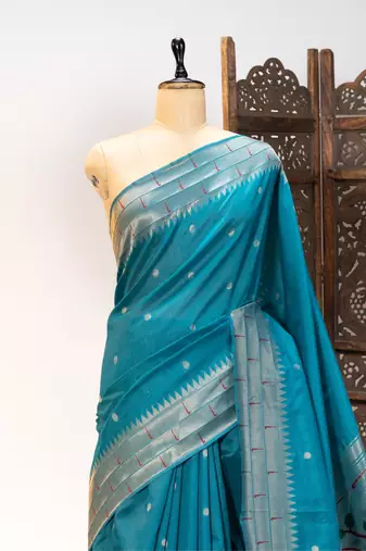 Soft khadi raw silk blend saree with meena weaving paithani pallu & triple muniya temple border  rich zari work