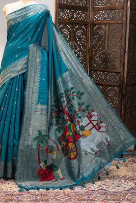 Soft khadi raw silk blend saree with meena weaving paithani pallu & triple muniya temple border rich zari work 5