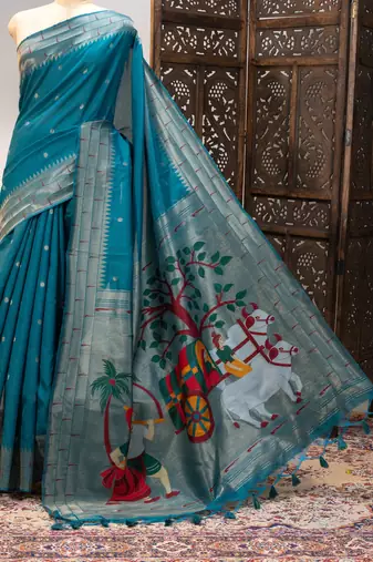 Soft khadi raw silk blend saree with meena weaving paithani pallu & triple muniya temple border  rich zari work