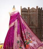 Soft khadi raw silk saree with meena weaving paithani pallu & triple muniya temple border     rich zari work
