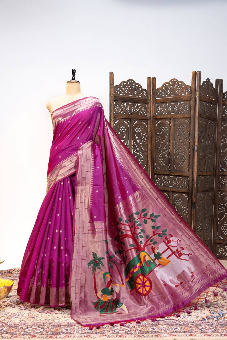 Soft khadi raw silk saree with meena weaving paithani pallu & triple muniya temple border – rich zari work