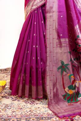 Soft khadi raw silk blend saree with meena weaving paithani pallu & triple muniya temple border rich zari work 2