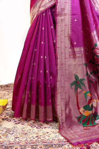 Soft khadi raw silk blend saree with meena weaving paithani pallu & triple muniya temple border  rich zari work