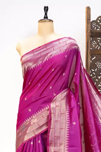 Soft khadi raw silk blend saree with meena weaving paithani pallu & triple muniya temple border  rich zari work