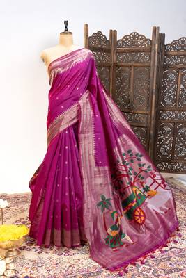 Soft khadi raw silk blend saree with meena weaving paithani pallu & triple muniya temple border rich zari work 4
