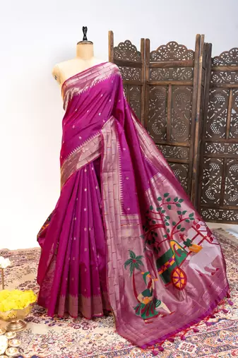 Soft khadi raw silk blend saree with meena weaving paithani pallu & triple muniya temple border  rich zari work