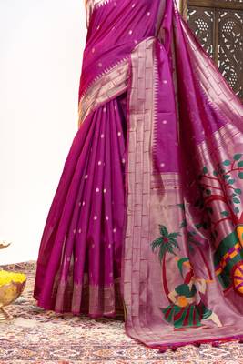 Soft khadi raw silk blend saree with meena weaving paithani pallu & triple muniya temple border rich zari work 5