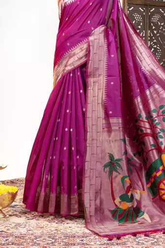 Soft khadi raw silk blend saree with meena weaving paithani pallu & triple muniya temple border  rich zari work