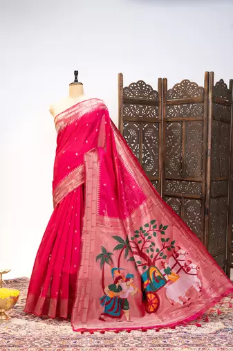 Soft khadi raw silk saree with meena weaving paithani pallu & triple muniya temple border – rich zari work