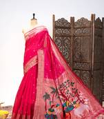 Soft khadi raw silk saree with meena weaving paithani pallu & triple muniya temple border     rich zari work