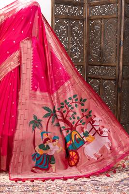 Soft khadi raw silk blend saree with meena weaving paithani pallu & triple muniya temple border  rich zari work 2