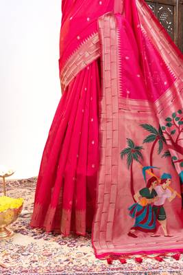 Soft khadi raw silk blend saree with meena weaving paithani pallu & triple muniya temple border  rich zari work 3