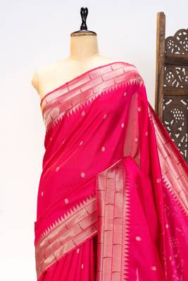 Soft khadi raw silk blend saree with meena weaving paithani pallu & triple muniya temple border  rich zari work 4