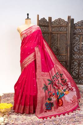 Soft khadi raw silk blend saree with meena weaving paithani pallu & triple muniya temple border  rich zari work 5