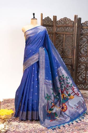 Soft khadi raw silk saree with meena weaving paithani pallu & triple muniya temple border – rich zari work