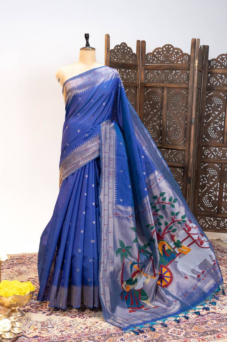 Soft khadi raw silk saree with meena weaving paithani pallu & triple muniya temple border – rich zari work