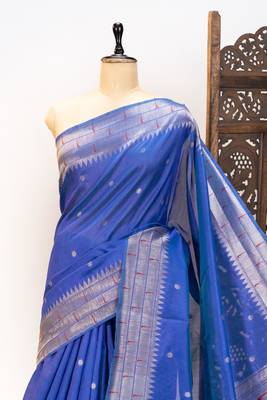 Soft khadi raw silk blend saree with meena weaving paithani pallu & triple muniya temple border rich zari work 3