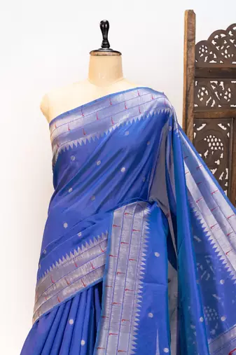 Soft khadi raw silk blend saree with meena weaving paithani pallu & triple muniya temple border  rich zari work