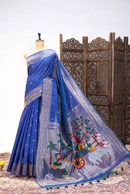 Soft khadi raw silk blend saree with meena weaving paithani pallu & triple muniya temple border rich zari work 4