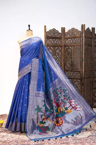 Soft khadi raw silk blend saree with meena weaving paithani pallu & triple muniya temple border  rich zari work