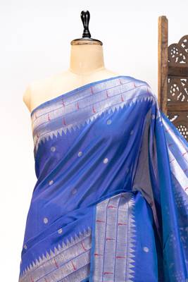 Soft khadi raw silk blend saree with meena weaving paithani pallu & triple muniya temple border rich zari work 5