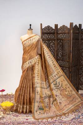 Premium soft pure tissue tussar silk blend saree with warli printed pallu & contrast border  print 1