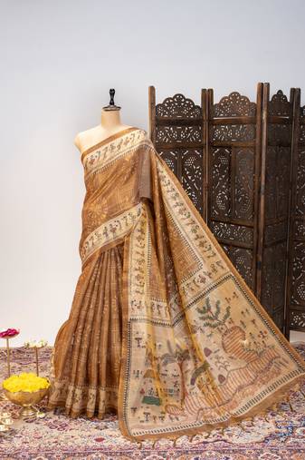Premium soft pure tissue tussar silk saree with warli printed pallu & contrast border – traditional print