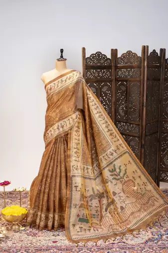 Premium soft pure tissue tussar silk saree with warli printed pallu & contrast border – traditional print