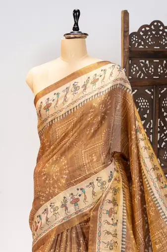 Premium soft pure tissue tussar silk blend saree with warli printed pallu & contrast border  print