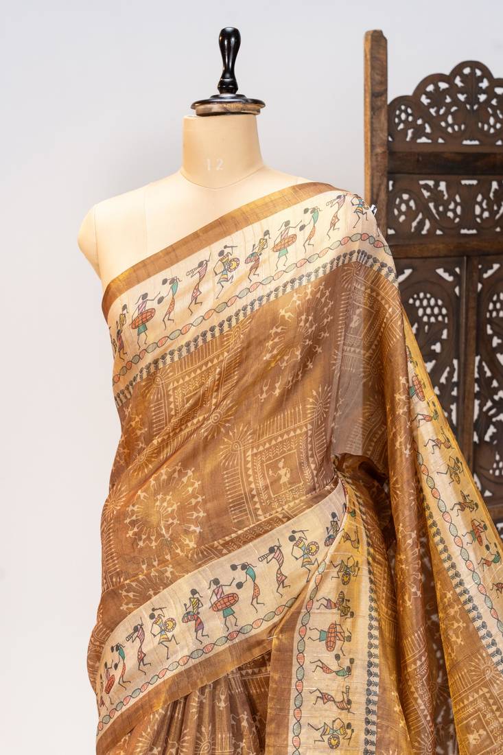 Premium soft pure tissue tussar silk saree with warli printed pallu & contrast border – traditional print