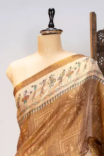 Premium soft pure tissue tussar silk blend saree with warli printed pallu & contrast border  print