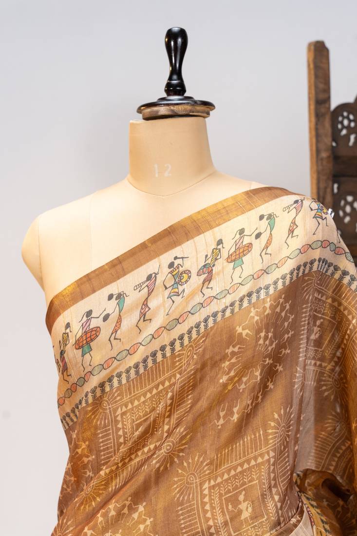 Premium soft pure tissue tussar silk saree with warli printed pallu & contrast border – traditional print