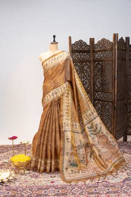 Premium soft pure tissue tussar silk blend saree with warli printed pallu & contrast border  print 4