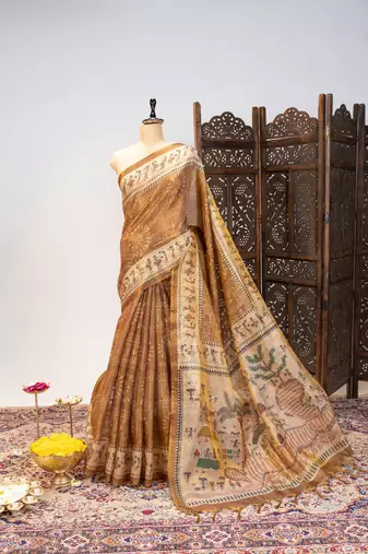 Premium soft pure tissue tussar silk blend saree with warli printed pallu & contrast border  print