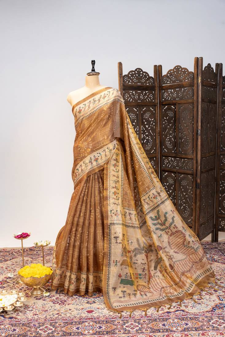 Premium soft pure tissue tussar silk saree with warli printed pallu & contrast border – traditional print