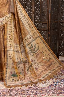 Premium soft pure tissue tussar silk blend saree with warli printed pallu & contrast border  print 5