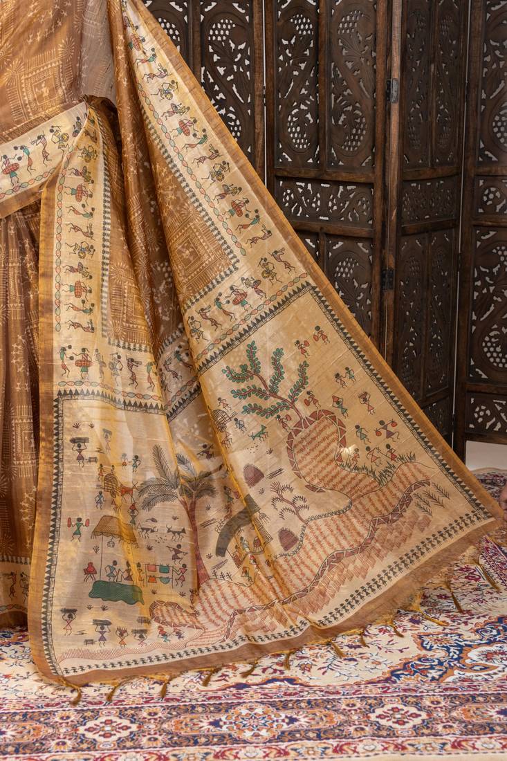 Premium soft pure tissue tussar silk saree with warli printed pallu & contrast border – traditional print