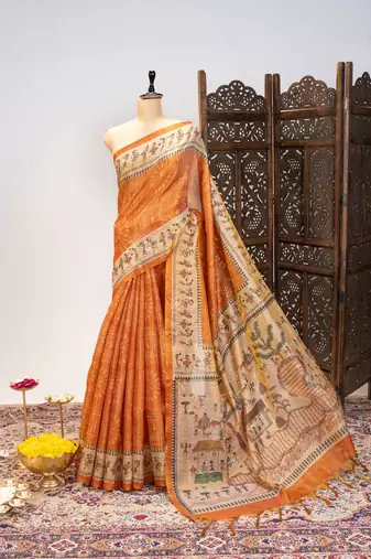 Premium soft pure tissue tussar silk saree with warli printed pallu & contrast border – traditional print