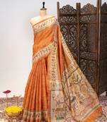 Premium soft pure tissue tussar silk blend saree with warli printed pallu & contrast border   traditional print