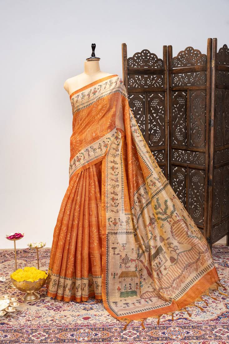 Premium soft pure tissue tussar silk saree with warli printed pallu & contrast border – traditional print
