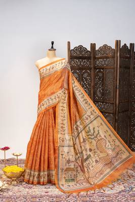  soft pure tissue tussar silk blend saree with warli printed pallu & contrast border print 2