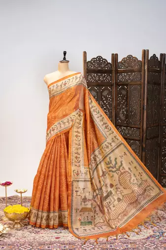 Premium soft pure tissue tussar silk blend saree with warli printed pallu & contrast border  print