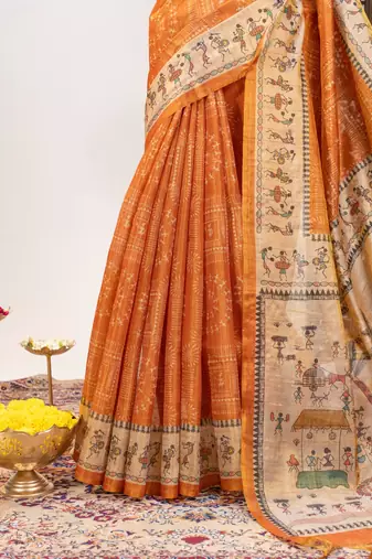 Premium soft pure tissue tussar silk blend saree with warli printed pallu & contrast border  print