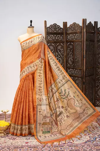 Premium soft pure tissue tussar silk blend saree with warli printed pallu & contrast border  print